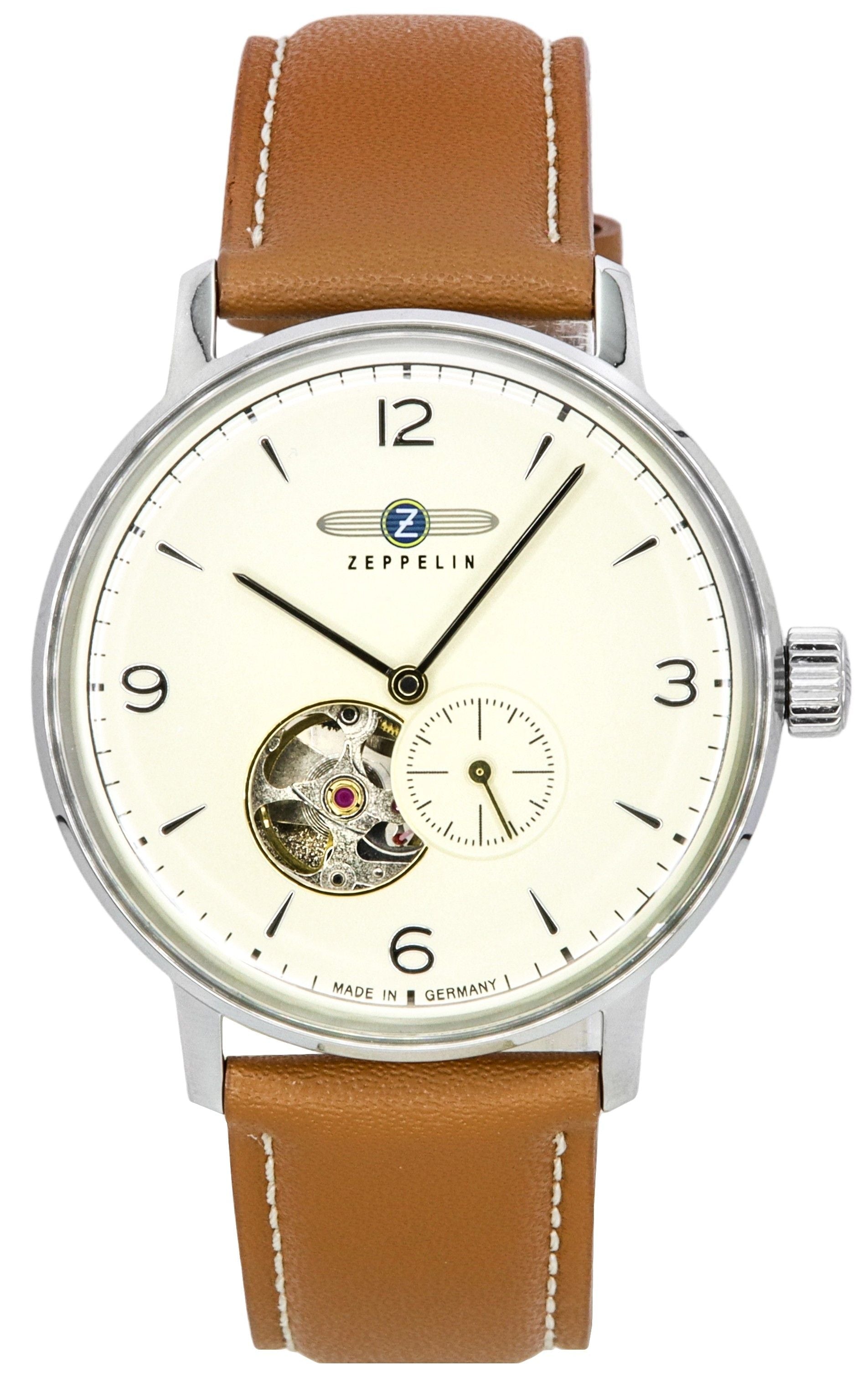 Zeppelin LZ129 Hindenburg Leather Strap Open Heart Beige Dial Automatic 80665N Men's Watch - Prestige Stones