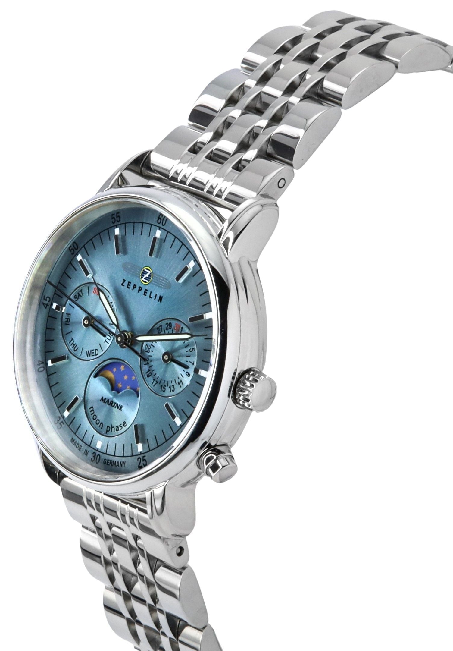 Zeppelin LZ14 Marine Moonphase Stainless Steel Ice Blue Dial Quartz 8637M3 Women's Watch - Prestige Stones