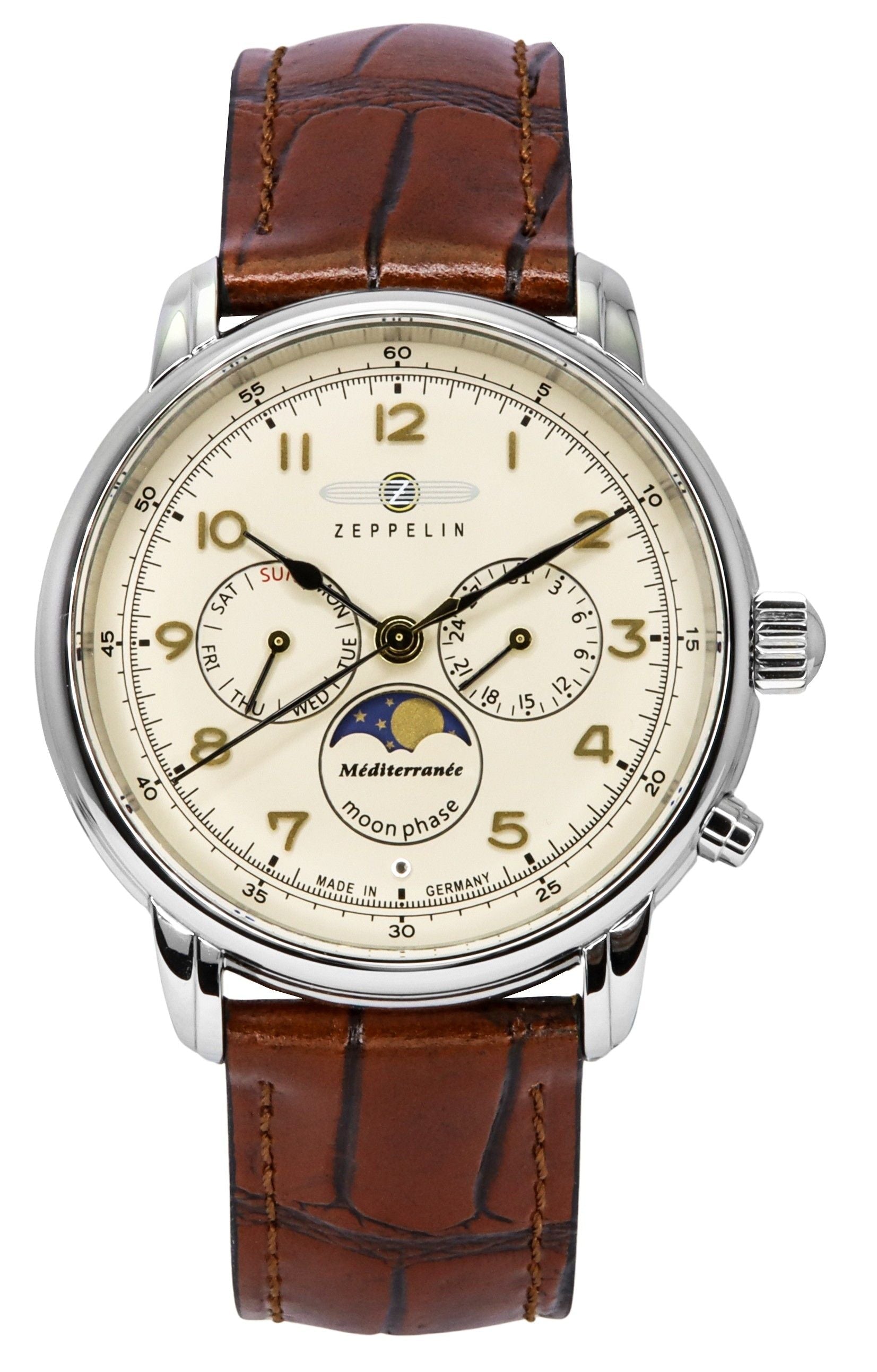 Zeppelin Mediterranean Moon Phase Leather Strap Beige Dial Quartz 96365 Men's Watch - Prestige Stones