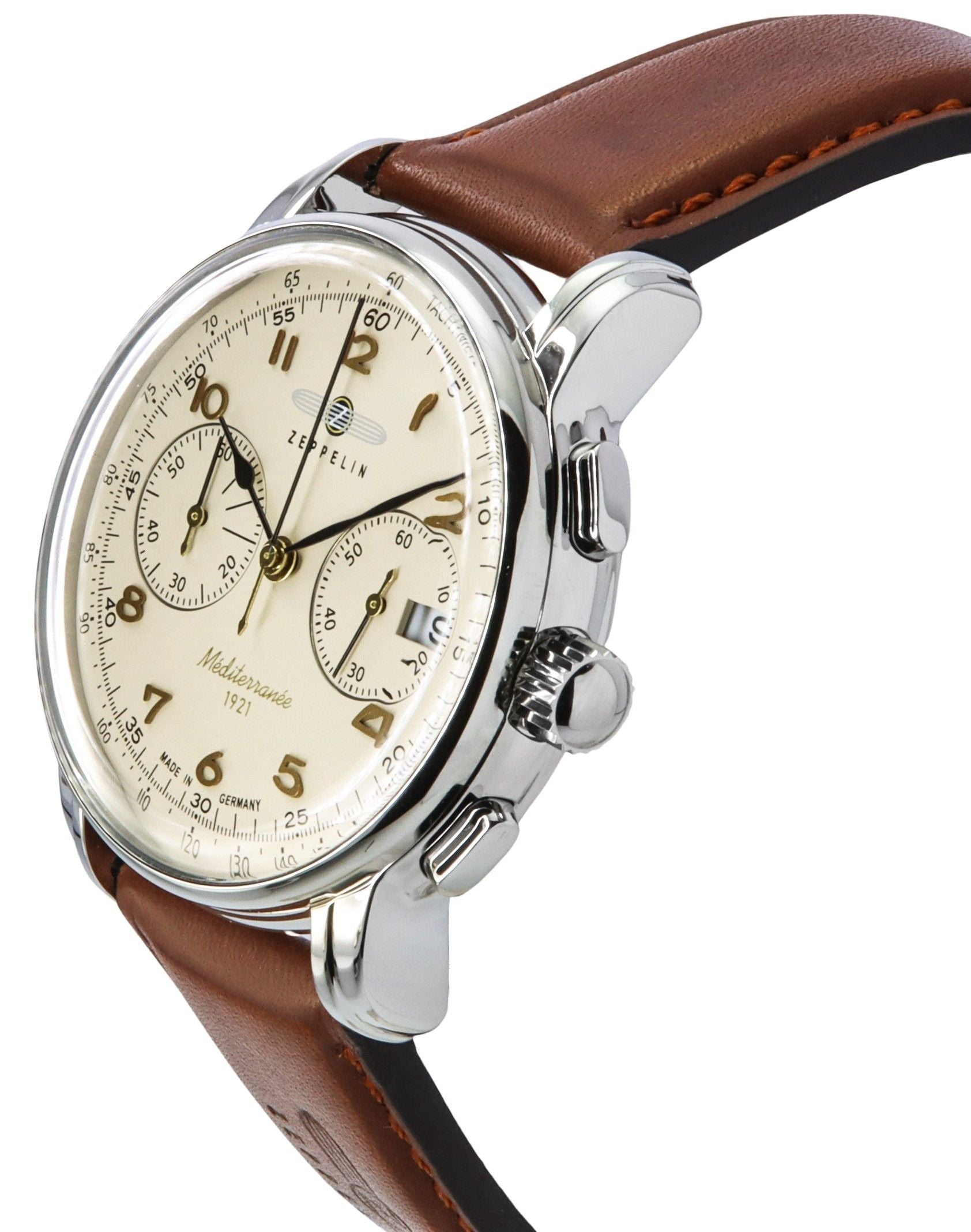 Zeppelin Mediterranee Chronograph Leather Strap Beige Dial Quartz 96705 Men's Watch - Prestige Stones