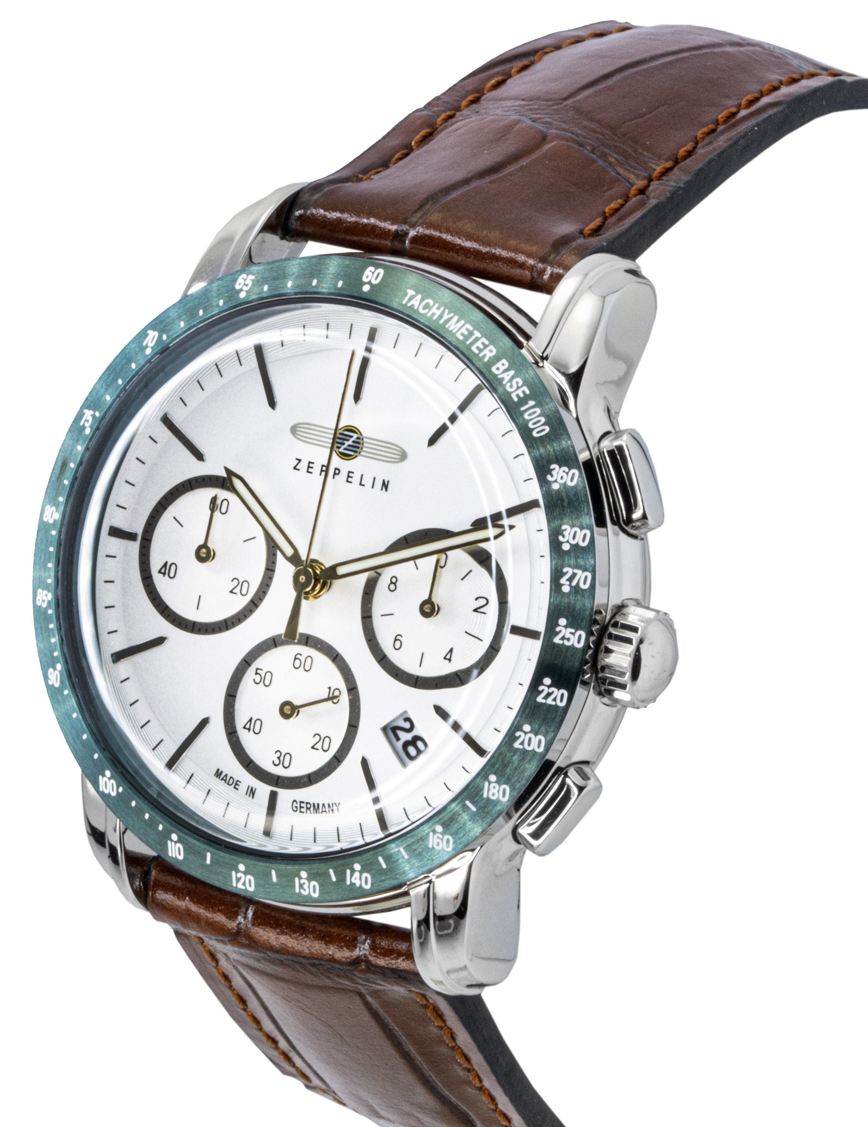 Zeppelin New York Chronograph Leather Strap White Dial Quartz 88784 Men's Watch - Prestige Stones
