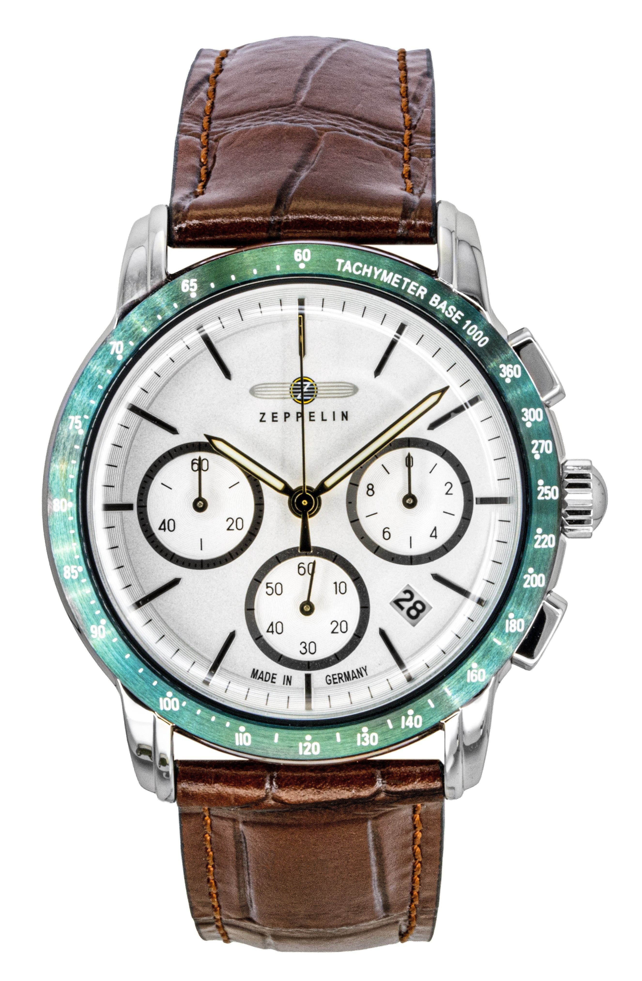 Zeppelin New York Chronograph Leather Strap White Dial Quartz 88784 Men's Watch - Prestige Stones